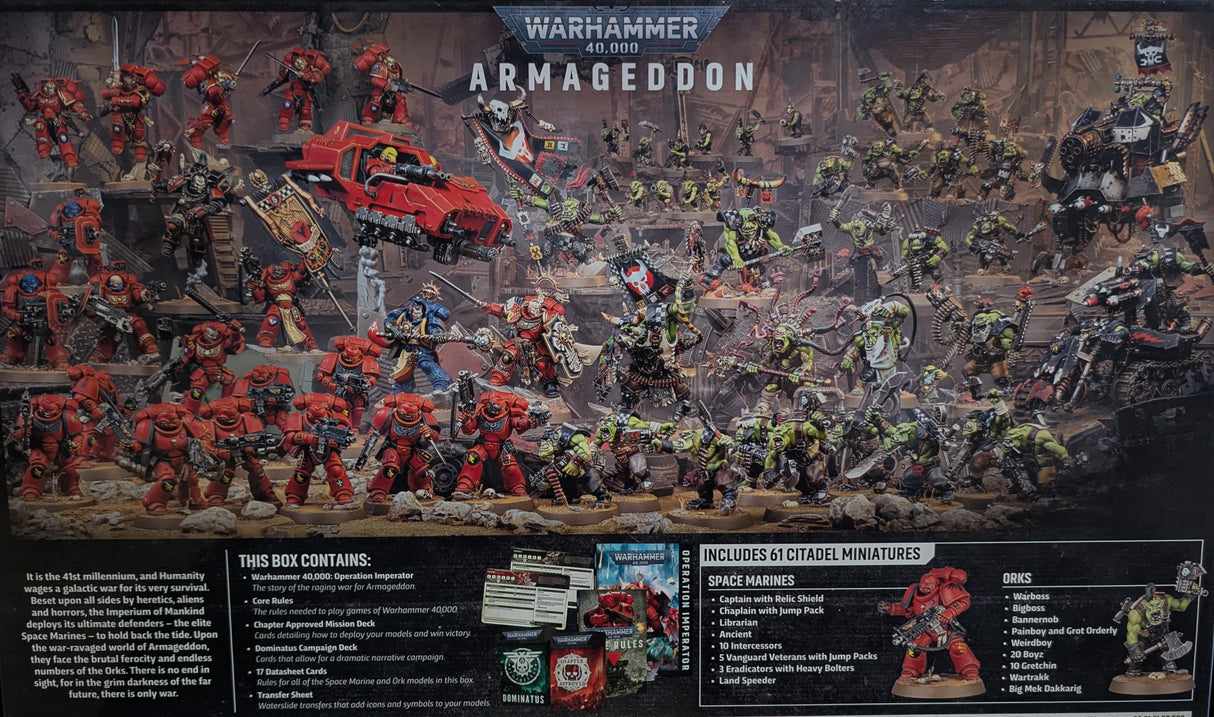 Warhammer Armageddon game box with toy figures rear of box