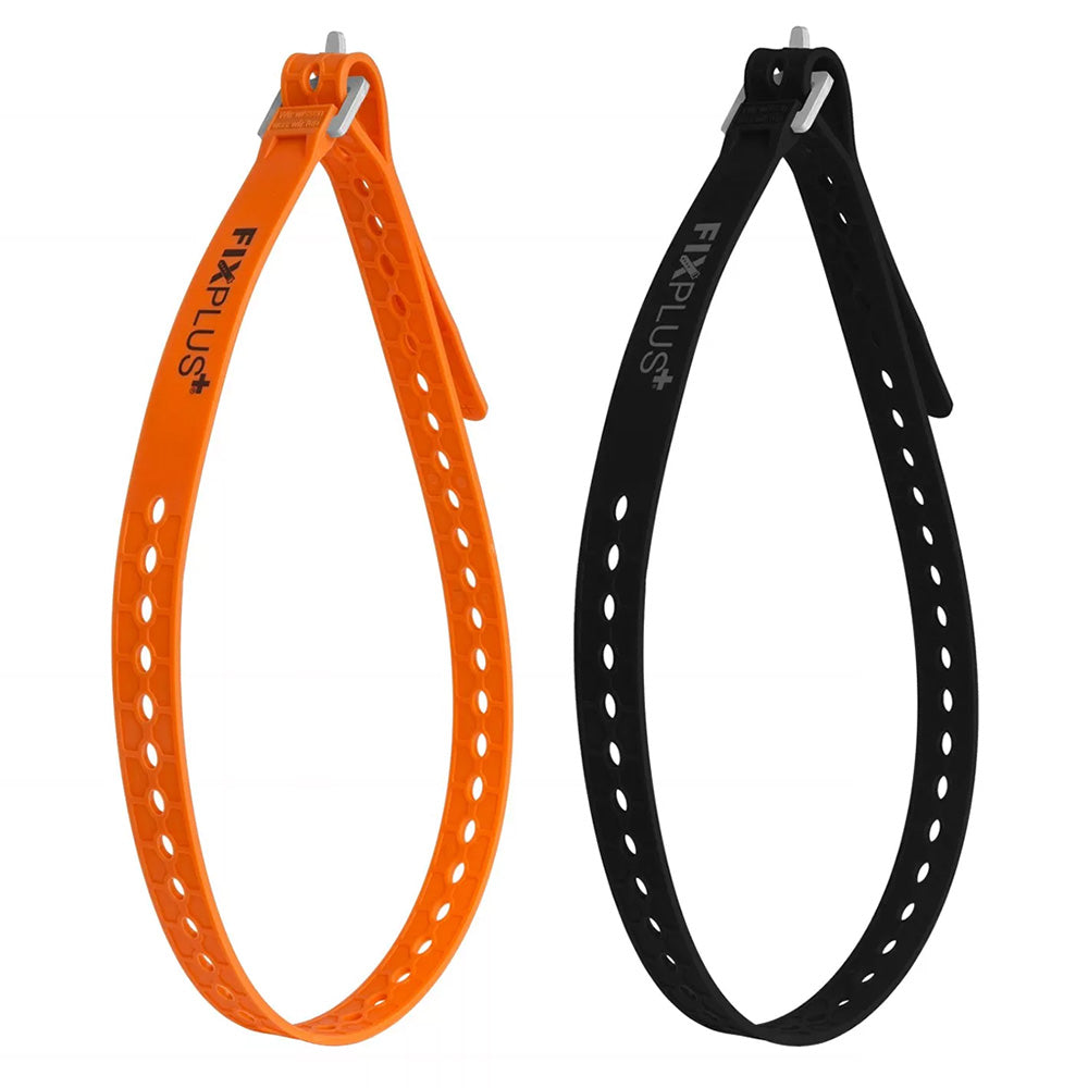 two fixplus full size straps in orange and black shown looped and fastened on a white background