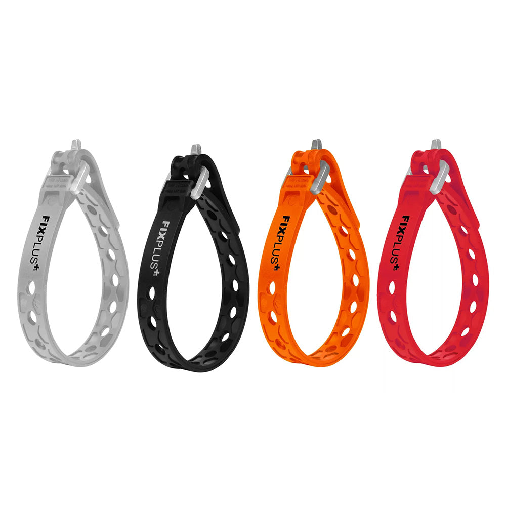 four Nano 23cm slim multi-purpose utility straps in black, orange, red and slate grey shown in a fastened loop on a white background.