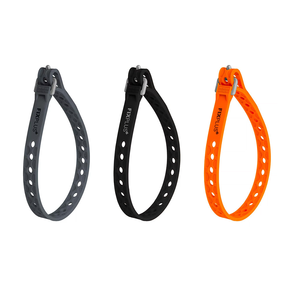 Three Nano 30cm slim multi-purpose utility straps in black, orange and slate grey shown in a fastened loop on a white background.