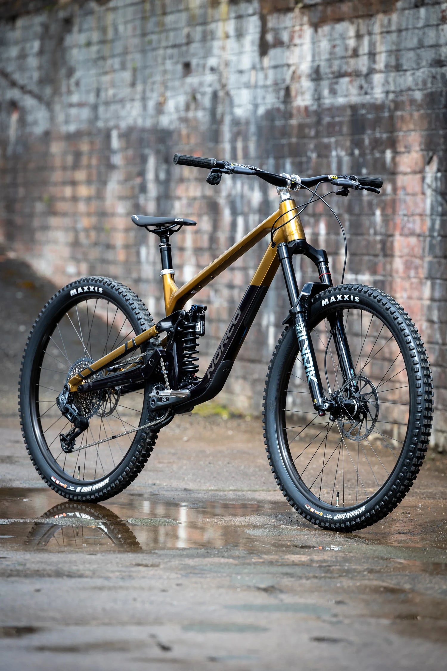 Mountain bike with gold frame and black components against a brick wall.