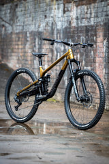 Mountain bike with gold frame and black components against a brick wall.