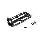 Fixplus cargo cage in black, pictures lying on a white background along side it's fixing screws and cosmetic hole cover.