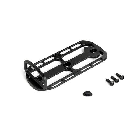 Fixplus cargo cage in black, pictures lying on a white background along side it's fixing screws and cosmetic hole cover.