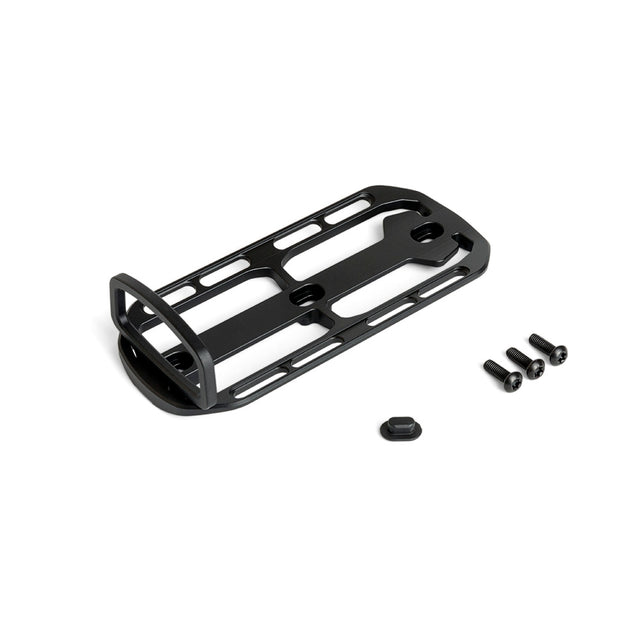 Fixplus cargo cage in black, pictures lying on a white background along side it's fixing screws and cosmetic hole cover.