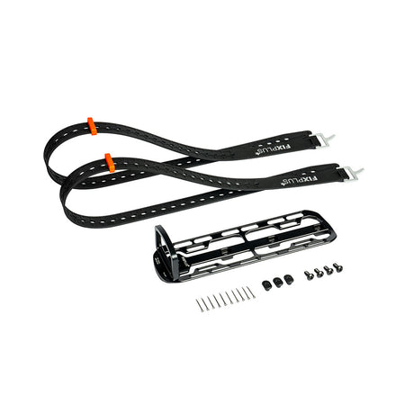 two Fixplus Straps in black and a Fixplus cargo cage in black, pictured lying on a white background along side it's fixing screws and cosmetic hole cover.