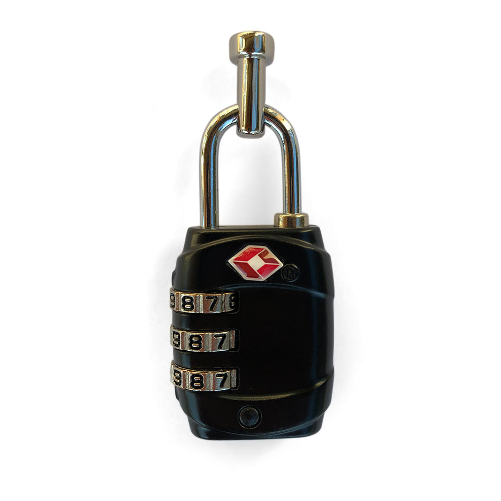 Black combination padlock against a white background