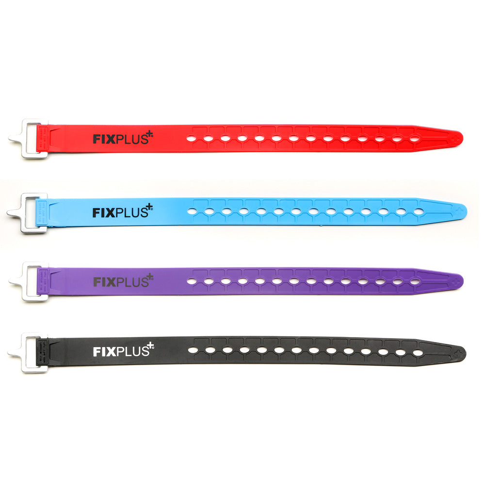 Four fixplus full size straps in red, blue, purple and black shown open and unfastened and lying flat on a white background