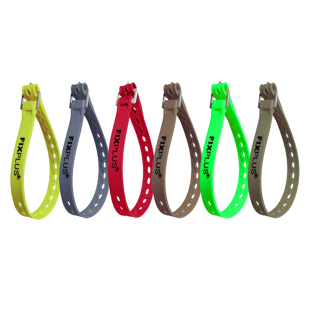 Six fixplus full size straps in yellow, grey, red, tan, green and olive shown looped and fastened on a white background