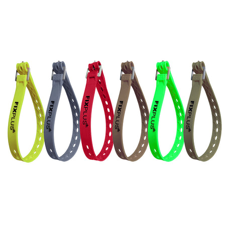 Six fixplus full size straps in yellow, grey, red, tan, green and olive shown looped and fastened on a white background