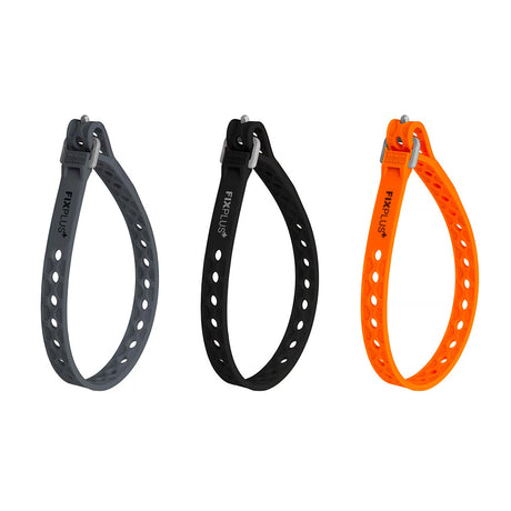 Three Nano 30cm slim multi-purpose utility straps in black, orange and slate grey shown in a fastened loop on a white background.