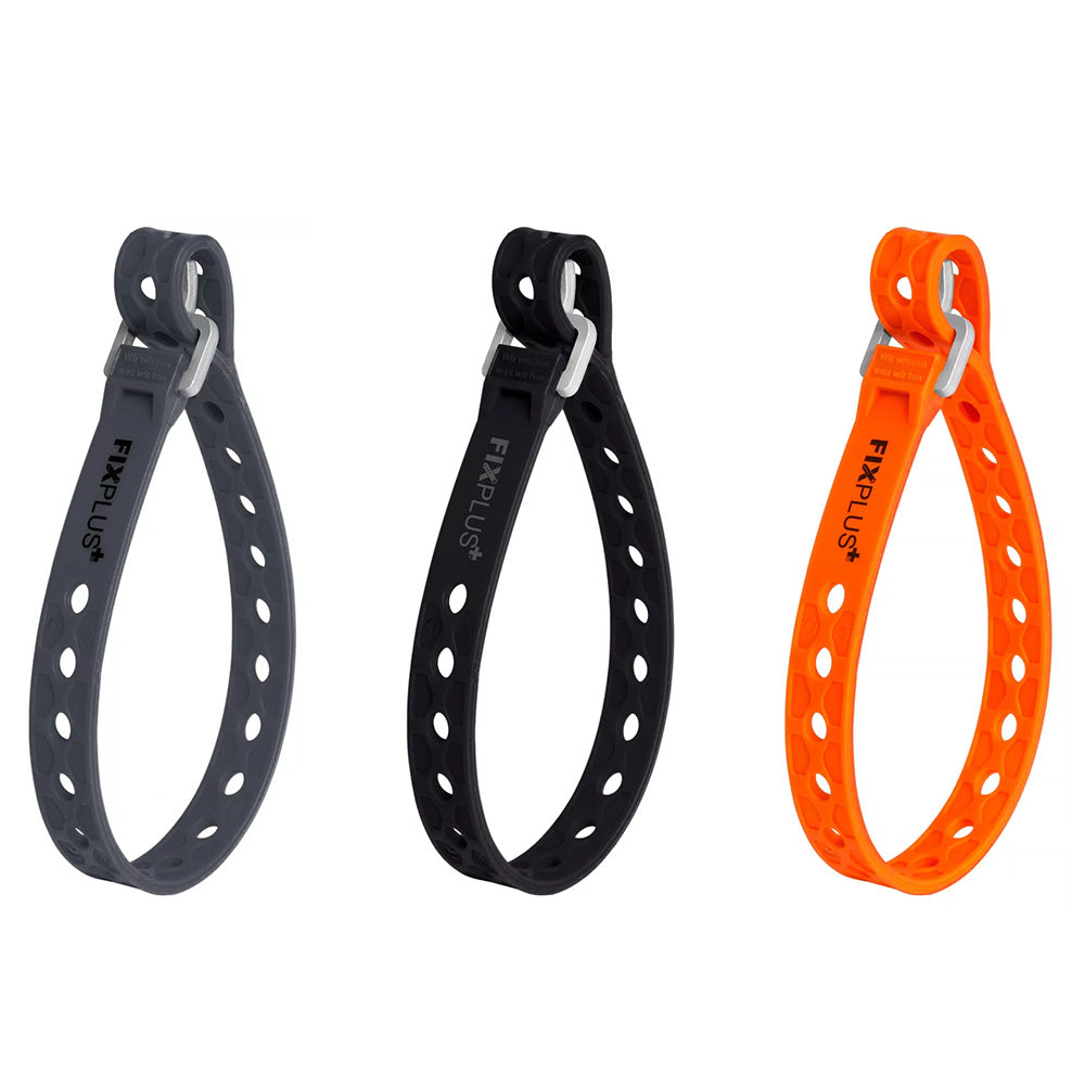 Three Nano 40cm slim multi-purpose utility straps in black, orange and slate grey shown in a fastened loop on a white background.