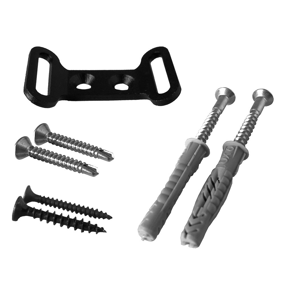 one aluminium fixplus bracket or anchor along side a variety of screws on a white background