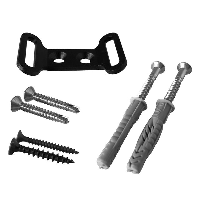 one aluminium fixplus bracket or anchor along side a variety of screws on a white background